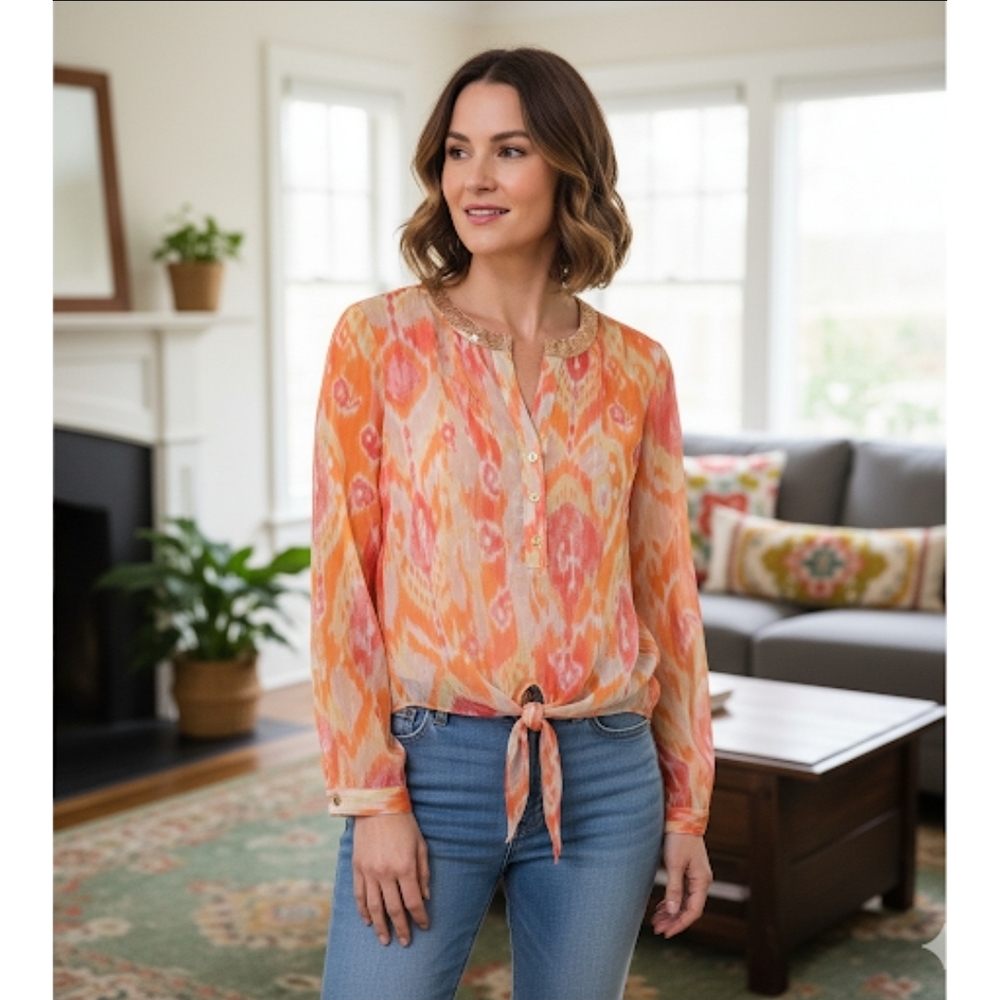 Chico's Vibrant Orange and Pink Blouse, Hi-Low, 1 (M), GUC ✔️